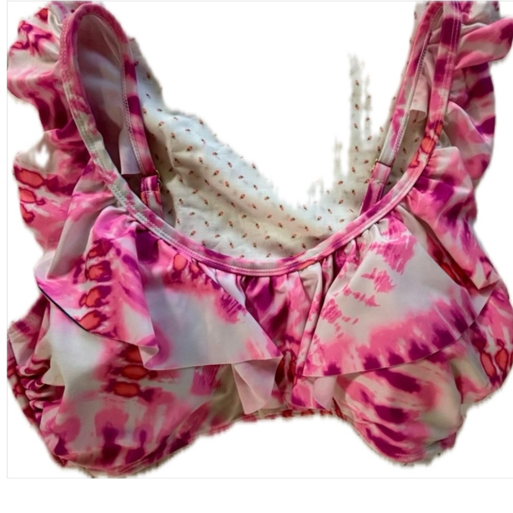 Vibrant Pink Tie-Dye Ruffle Bikini Top 3x